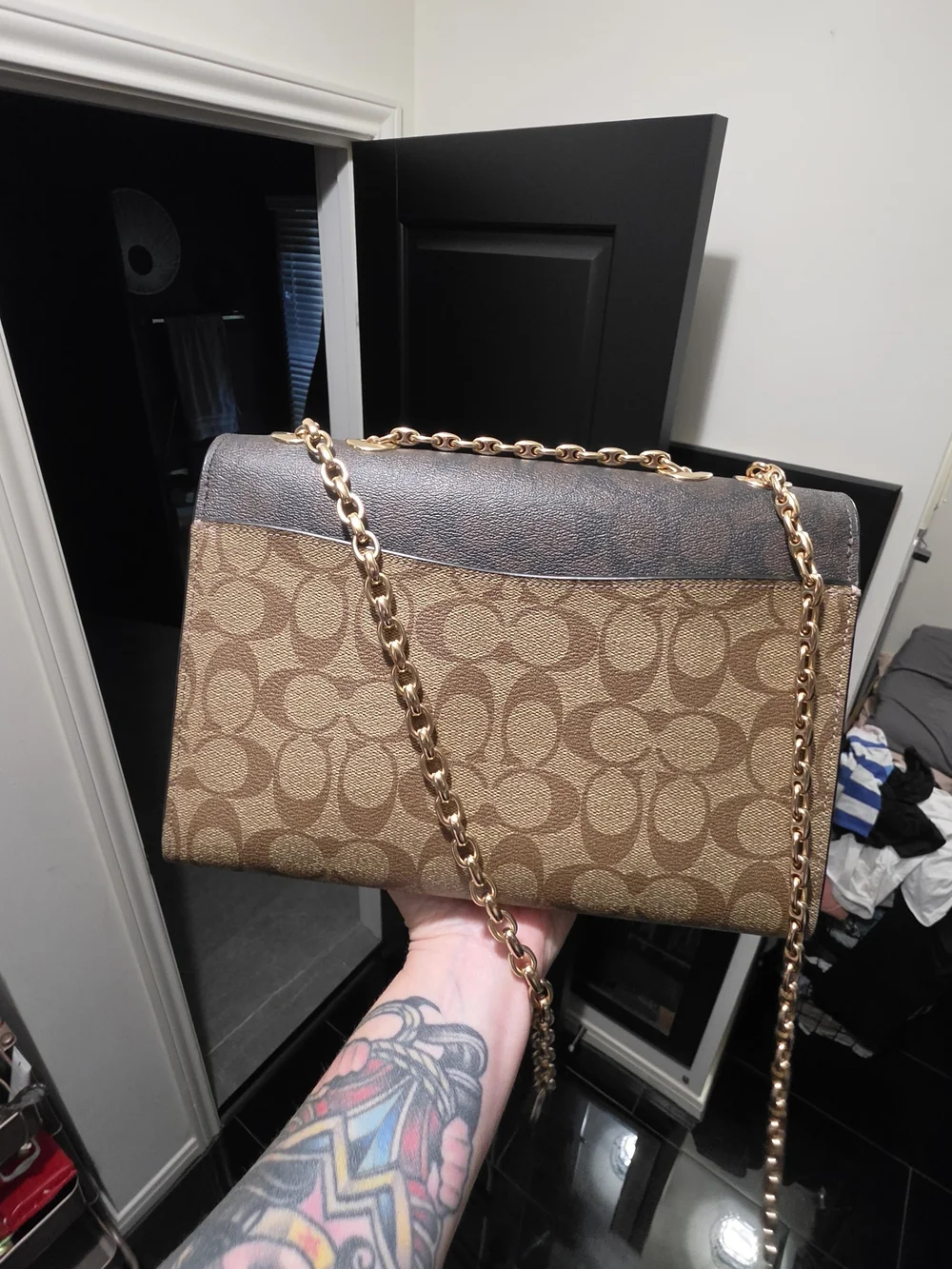 Coach Colorblock Signature Shoulder Bag in Brown/Tan/Cream